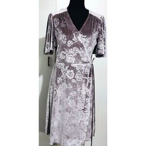 Velour Wrap Dress Wm's L Feminine Boho Evening Cocktail Party MIdi Biege
